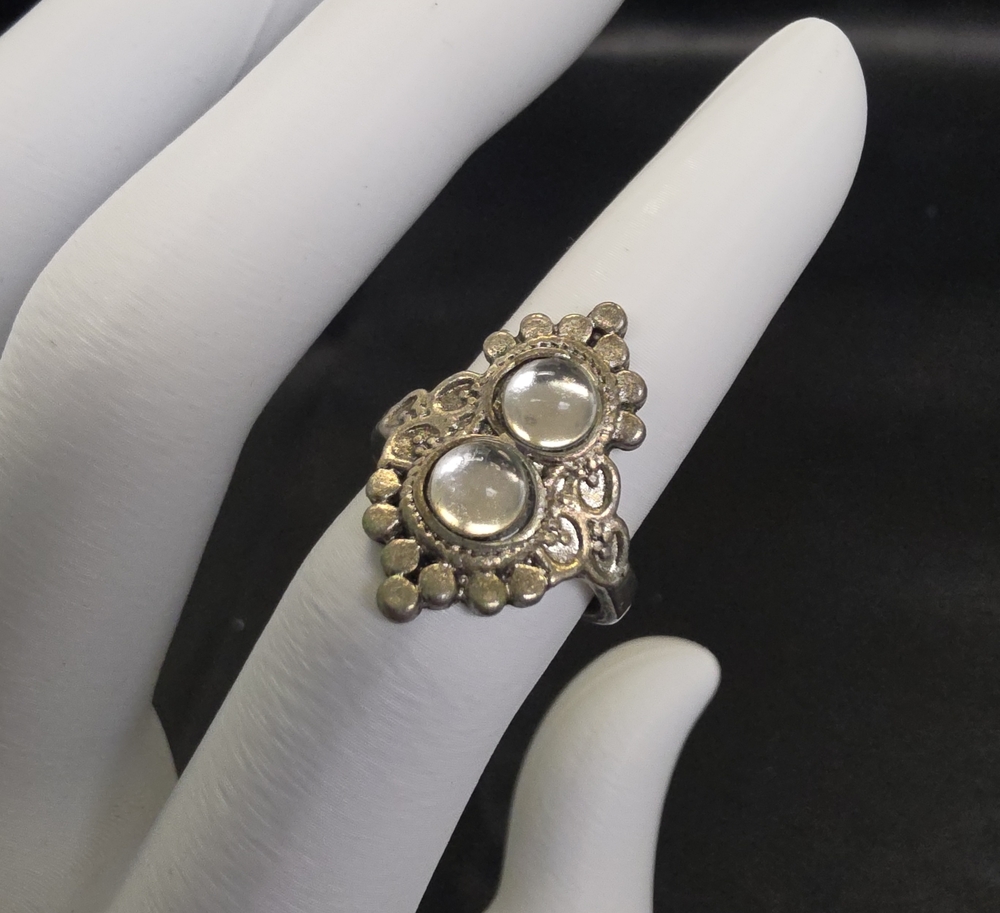 Silver-Tone Double Cabochon Ring - Clear Stone Accent